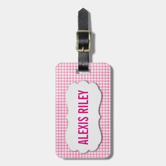 roze gingham met schuine label bagagelabel (Voorkant verticaal)