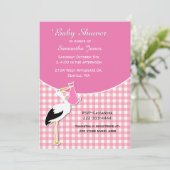 Roze Gingham met Stork Baby shower Invitation Kaart (Staand voorkant)