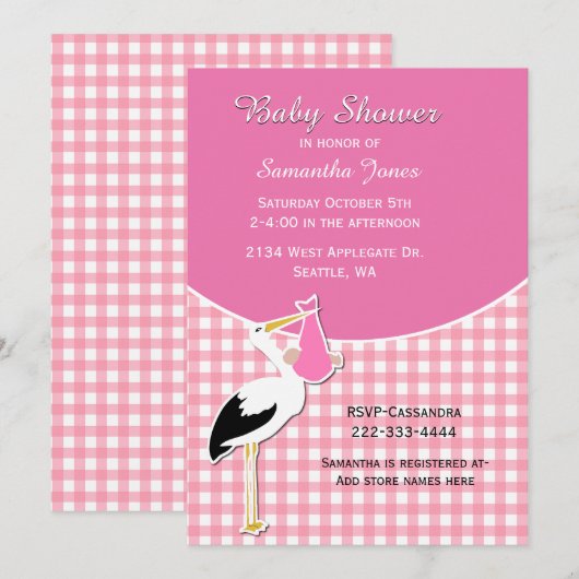 Roze Gingham met Stork Baby shower Invitation Kaart (Voorkant / Achterkant)