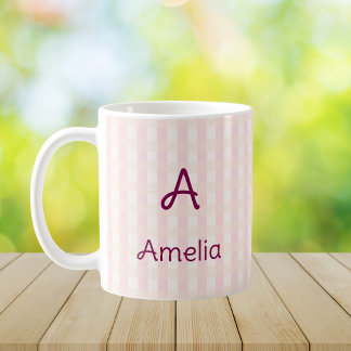 Roze Gingham Monogram Aangepaste Naam Koffiemok