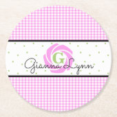 Roze Gingham Monogram Ronde Kartonnen Onderzetter (Voorkant)