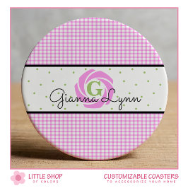 Roze Gingham Monogram Ronde Kartonnen Onderzetter