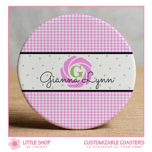 Roze Gingham Monogram Ronde Kartonnen Onderzetter