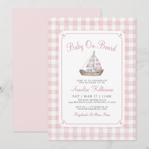 Roze Gingham Nautilus Thema Baby Shower Uitnodigin Kaart