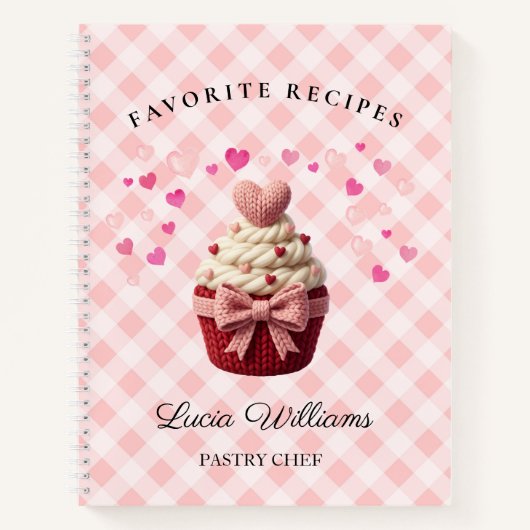 Roze Gingham Nep Haakwerk Cupcake Bakkerij Notitieboek (Voorkant)