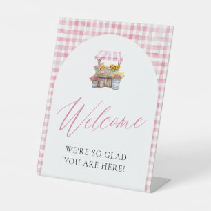 Roze Gingham Net Van De Markt Welkomstbord Reclamebord Met Voetstuk