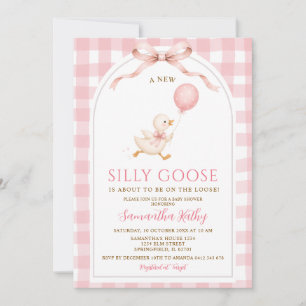 Roze Gingham Nieuwe Dwaze Gans Boog Baby Shower Kaart