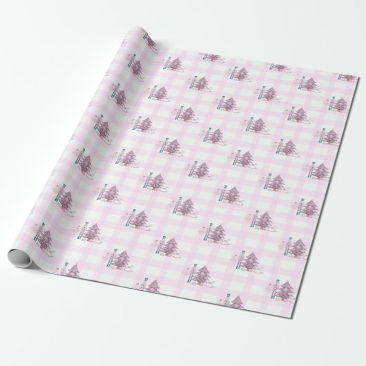 Roze Gingham Notenkraker Kerst Wrapping Papier (Uitgerold)