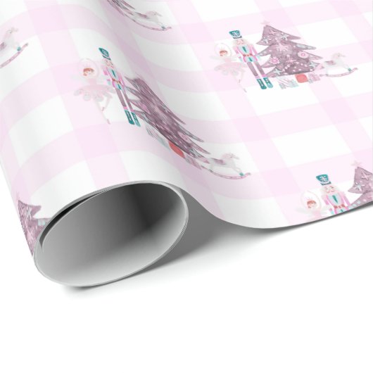 Roze Gingham Notenkraker Kerst Wrapping Papier (Rol Hoek)