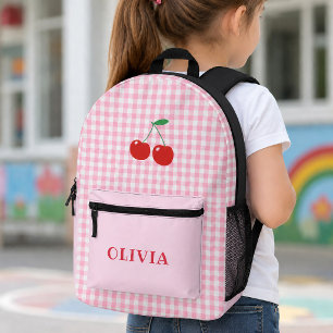 Roze Gingham Opgewekte Kersen Meisjes Bedrukte Rugzak
