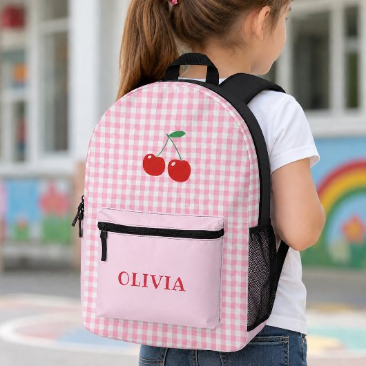 Roze Gingham Opgewekte Kersen Meisjes Bedrukte Rugzak