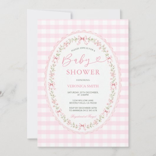 Roze Gingham Ovaal Babyshower Uitnodiging (Voorkant)