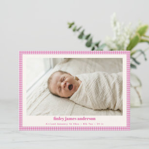 Roze Gingham Pasgeboren Foto Meisje Geboorte Stats Aankondiging