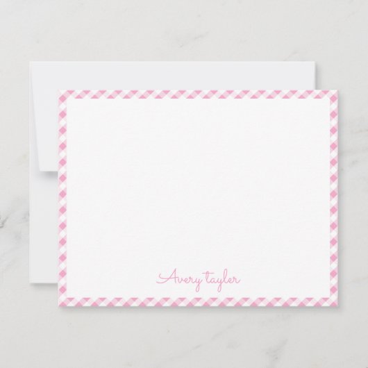 Roze gingham patroon gepersonaliseerde briefpapier notitiekaartje (Voorkant)