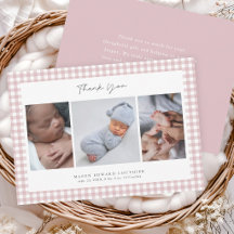 Roze Gingham Patroon Meisjes 3 Foto Bedanktkaart
