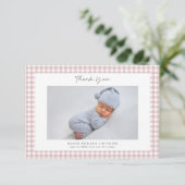 Roze Gingham Patroon Meisjes Foto Bedankkaart (Staand voorkant)