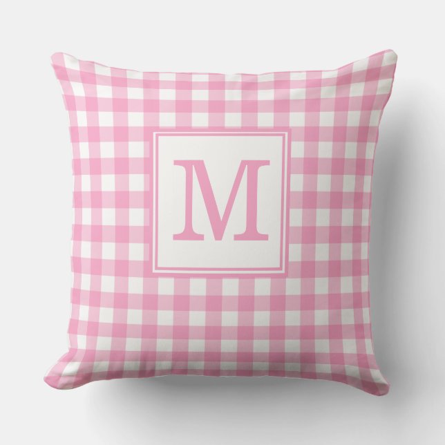 Roze Gingham Patroon Monogram Beginletter Worp Kus Kussen (Voorkant)