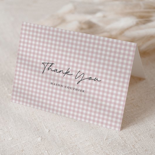 Roze Gingham Patroon Script Gevouwen Foto Bedankkaart