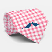 Roze Gingham Pattern Blue Tortelduifjes Grooms Str Stropdas (Opgerold)