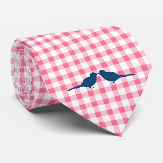 Roze Gingham Pattern Blue Tortelduifjes Grooms Str Stropdas (Opgerold)