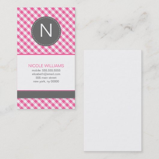 Roze Gingham Pattern Monogram Social Calling Cards Contactkaartje (Voorkant / Achterkant)