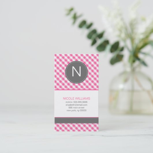 Roze Gingham Pattern Monogram Social Calling Cards Contactkaartje (Staand voorkant)