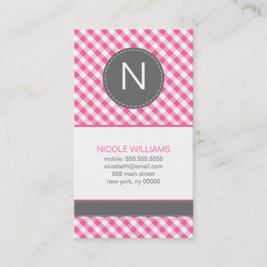 Roze Gingham Pattern Monogram Social Calling Cards Contactkaartje (Voorkant)