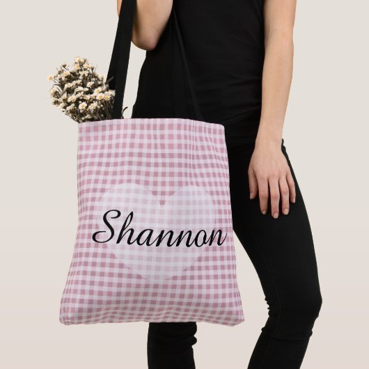 Roze Gingham Persoonlijke Canvas tas (Dichtbij)