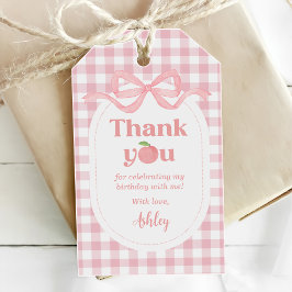 Roze Gingham Perzik Eerste Verjaardag Cadeaulabel