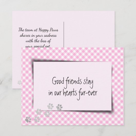 Roze gingham Pet verlies van de dierenarts Briefkaart (Voorkant / Achterkant)