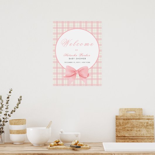 Roze Gingham Plaid Bow Meisje Baby shower Welkom Poster (Keuken)