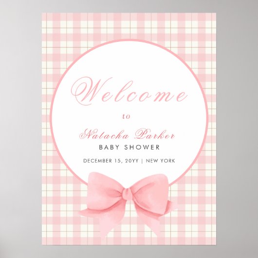 Roze Gingham Plaid Bow Meisje Baby shower Welkom Poster (Voorkant)