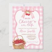 Roze Gingham Plaid Kers op Baby Shower Kaart (Voorkant)