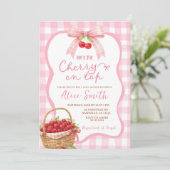 Roze Gingham Plaid Kers op Baby Shower Kaart (Staand voorkant)