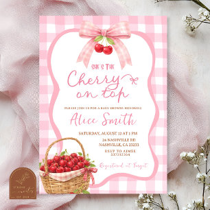 Roze Gingham Plaid Kers op Baby Shower Kaart