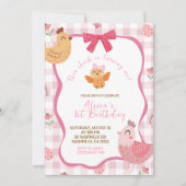 Roze Gingham Plaid Kuiken 1e Verjaardagsuitnodigin Kaart (Voorkant)