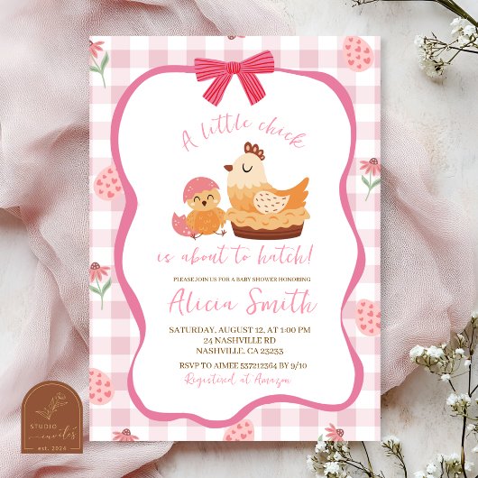 Roze Gingham Plaid Kuiken Babyshower Uitnodiging