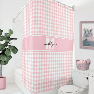 Roze Gingham Plaid Monogram Douchegordijn