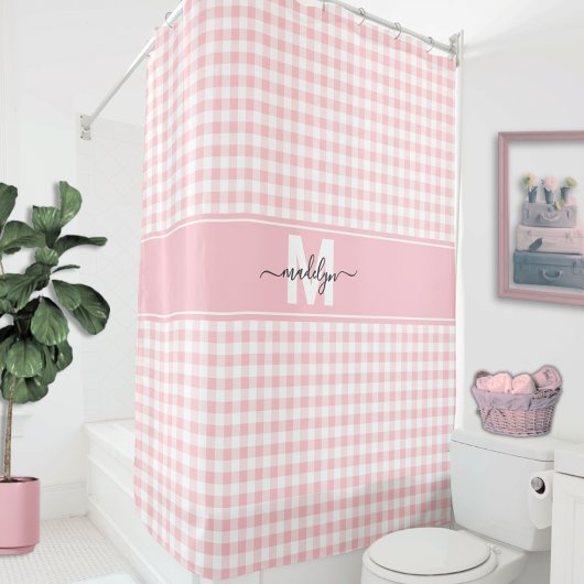Roze Gingham Plaid Monogram Douchegordijn