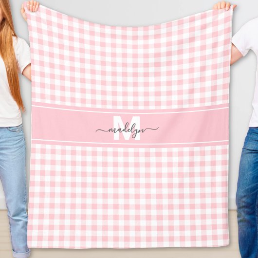 Roze Gingham Plaid Monogram Fleece Deken
