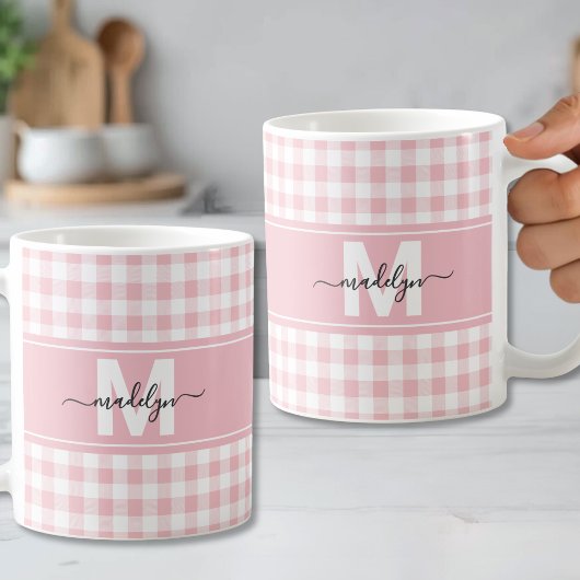Roze Gingham Plaid Monogram Koffiemok