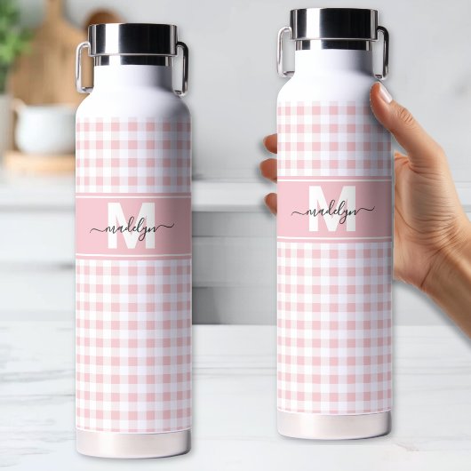 Roze Gingham Plaid Monogram Waterfles