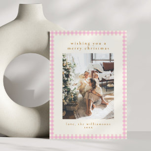 Roze Gingham Plaid Portret Twee Foto Kerstmis Feestdagenkaart