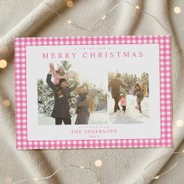 Roze Gingham Plaid Twee Foto Feestdagenkaart