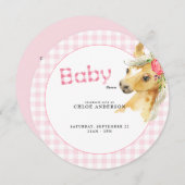 Roze Gingham Pony Baby shower Rond Kaart (Voorkant / Achterkant)