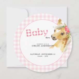 Roze Gingham Pony Baby shower Rond Kaart