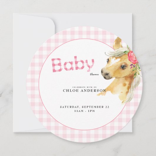 Roze Gingham Pony Baby shower Rond Kaart (Voorkant)