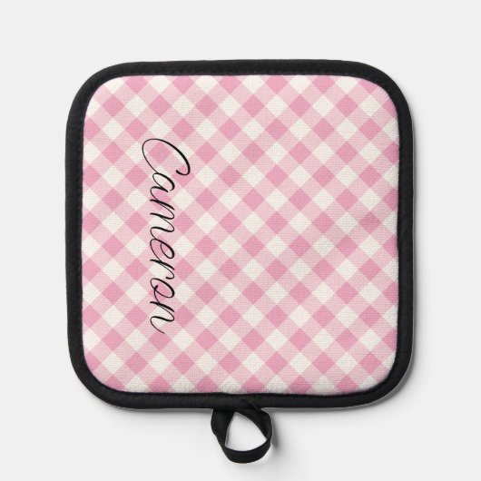 Roze Gingham Pot Houder met Naam Gepersonaliseerd (Voorkant)