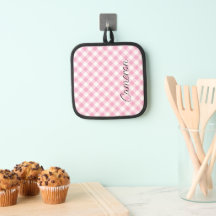Roze Gingham Pot Houder met Naam Gepersonaliseerd