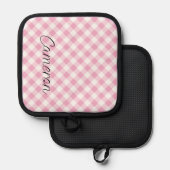 Roze Gingham Pot Houder met Naam Gepersonaliseerd (Voorkant / Achterkant)